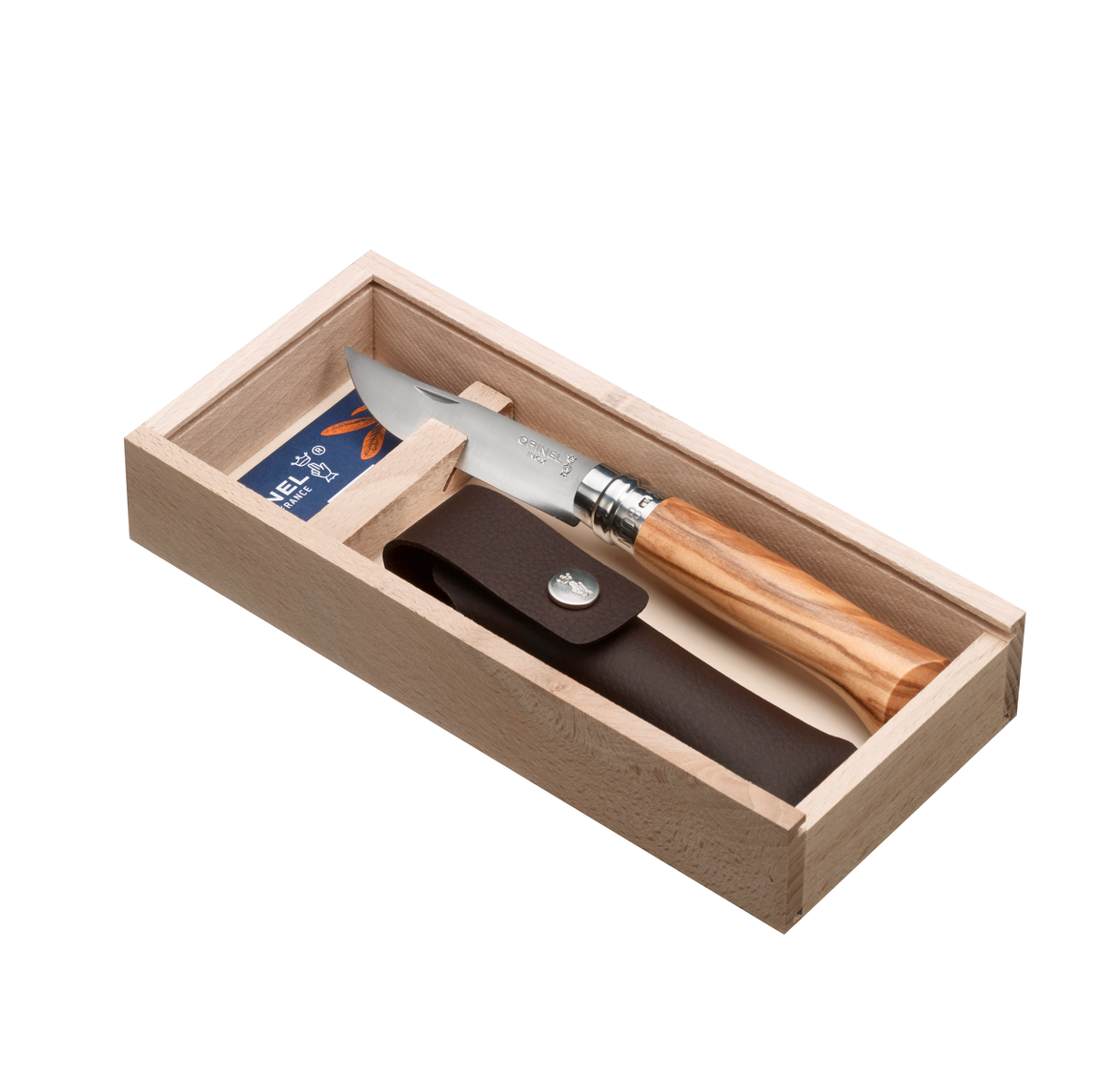 Opinel no. 8 skæfte i oliventræ - i gaveæske